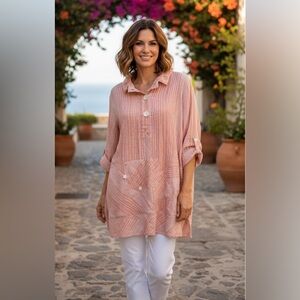 John Mark Coral Mixed Stripe tunic ruffle collar button blouse size small